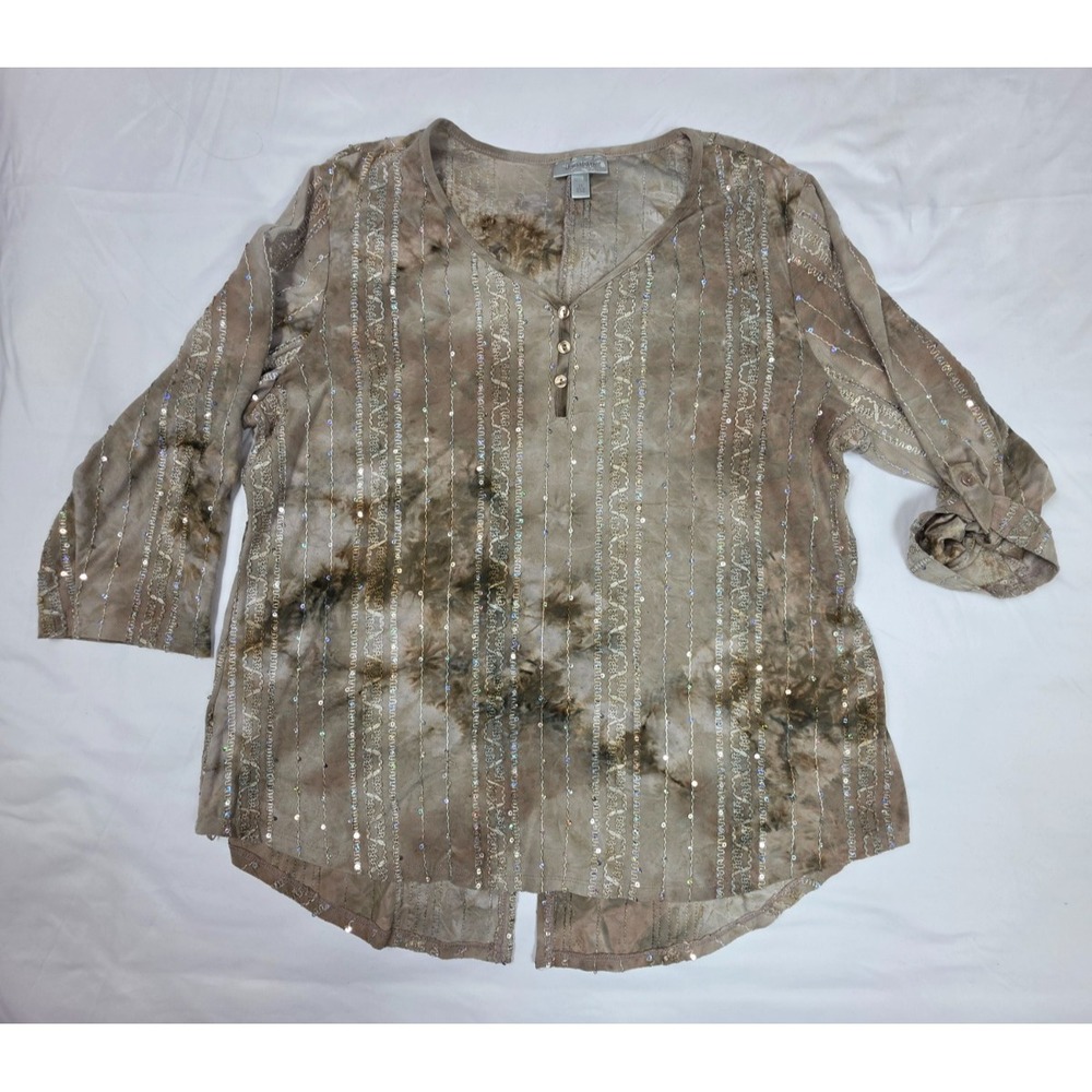 Dressbarn Women's 1X Taupe Tie Dye Sequin Embroidered Tunic Top